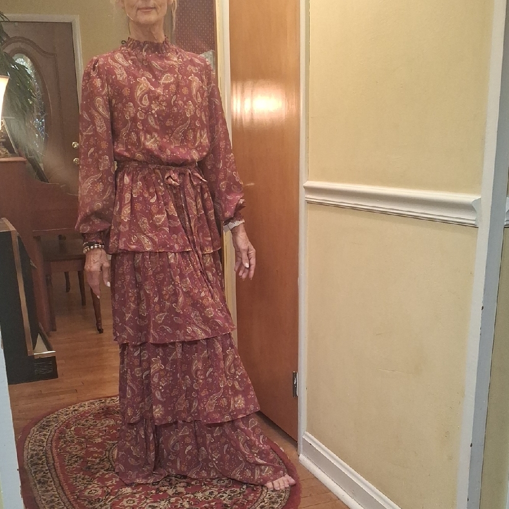 Flying Tomato Long Sleeve Paisley Dress in Red and Brown